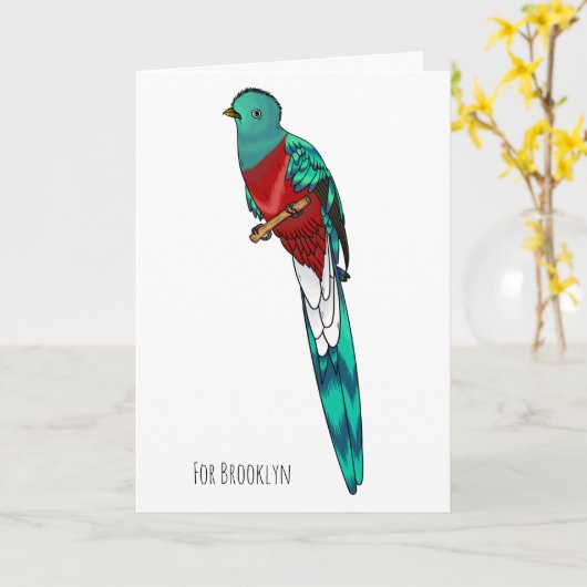 Resplendent quetzal bird cartoon illustration カード (黄色い花)