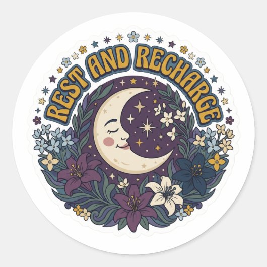 Rest and Recharge Moon Sticker - Retro 70s Celesti ラウンドシール (正面)