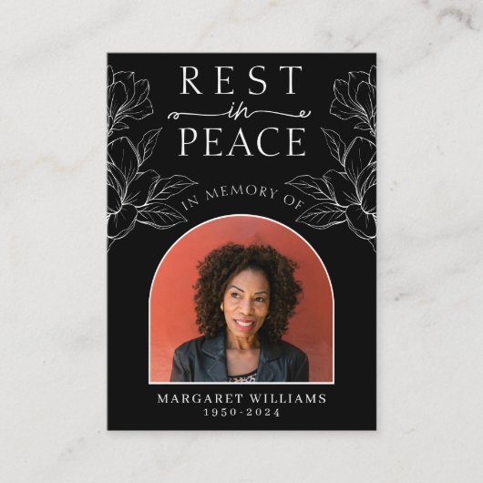 Rest in Peaceブラックフローラ写真葬儀祈りの言葉 エンクロージャーカード (正面)