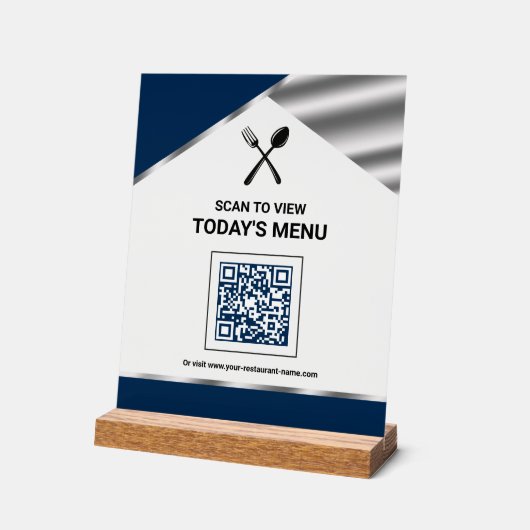 Restaurant Contactless QR Code Navy Blue Menu アクリルサイン (傾斜)