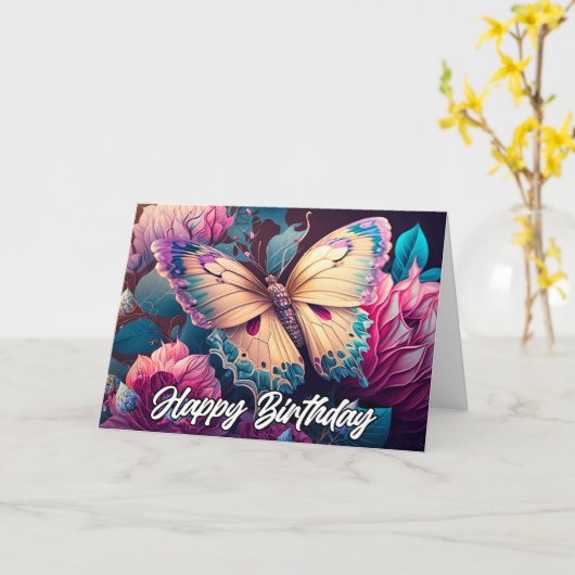 Resting Butterfly Design Happy Birthday カード (黄色い花)