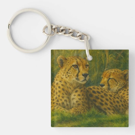 Resting Cheetah Duo in Forest Setting キーホルダー (正面)