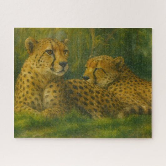 Resting Cheetah Duo in Forest Setting ジグソーパズル (横)