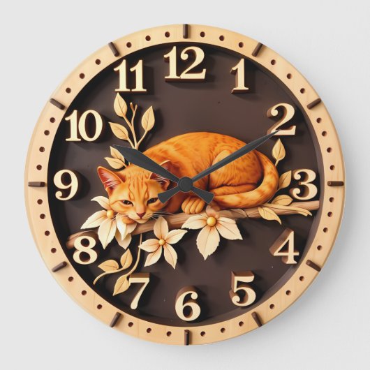 Resting Tabby Cat Flower ラージ壁時計 (正面)