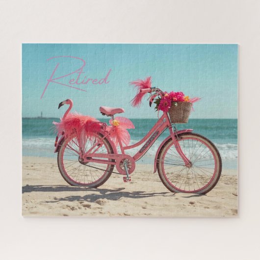 Retired Cute Pink Flamingo Bicycle on Beach ジグソーパズル (横)