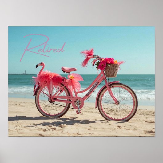 Retired Cute Pink Flamingo Bicycle on Beach ポスター (正面)