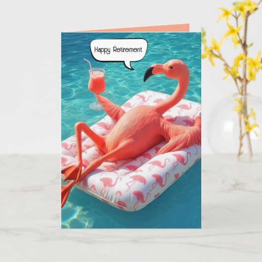 Retirement Flamingo Floating In a Pool カード (黄色い花)