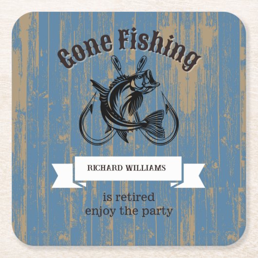 Retirement Gone Fishing Retired Rustic Wood スクエアペーパーコースター (正面)