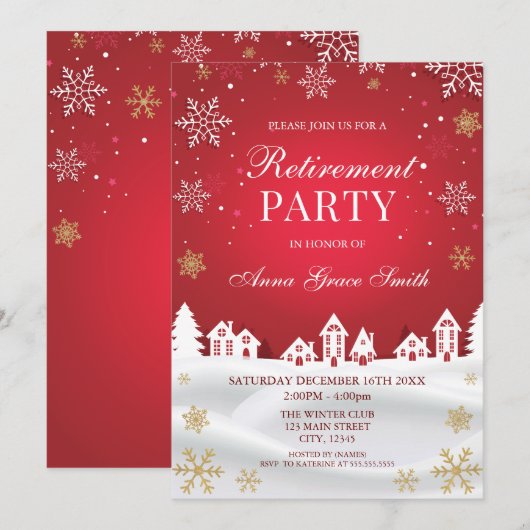 Retirement Holiday Party Red Winter  Invitation 招待状 (正面/裏面)