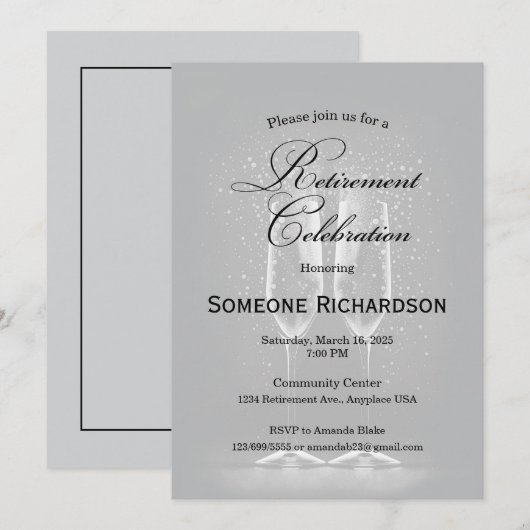 Retirement Party Announcement with Wine Flutes 招待状 (正面/裏面)