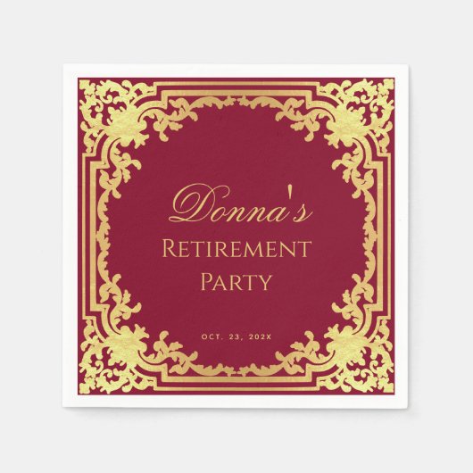 Retirement Party Burgundy Faux Gold Elegant Script スタンダードカクテルナプキン (正面)