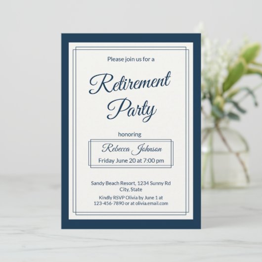 Retirement Party Classic Simple Navy And Cream 招待状 (スタンド正面)