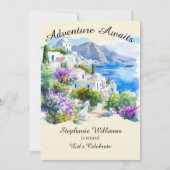 Retirement Party Colorful Greece Village Ocean 招待状 (正面)