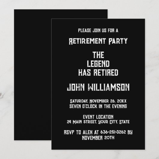 Retirement party elegant Black and White 招待状 (正面/裏面)