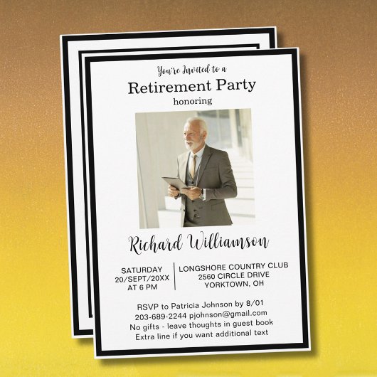 Retirement Party Elegant Black White Photo  招待状