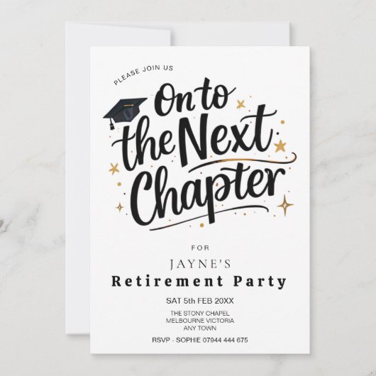 Retirement Party Next Chapter Black & White Invite 招待状 (正面)