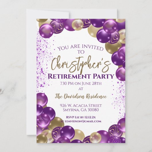 Retirement Party Purple Gold Balloons 招待状 (正面)