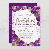 Retirement Party Purple Gold Balloons 招待状 (正面/裏面)