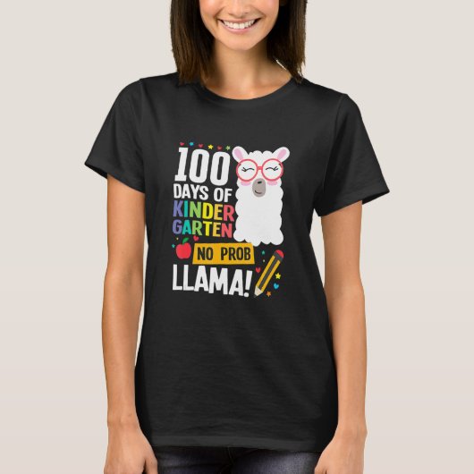 Retro 100 Days Of School Kindergarten Llama Girl B Tシャツ (正面)