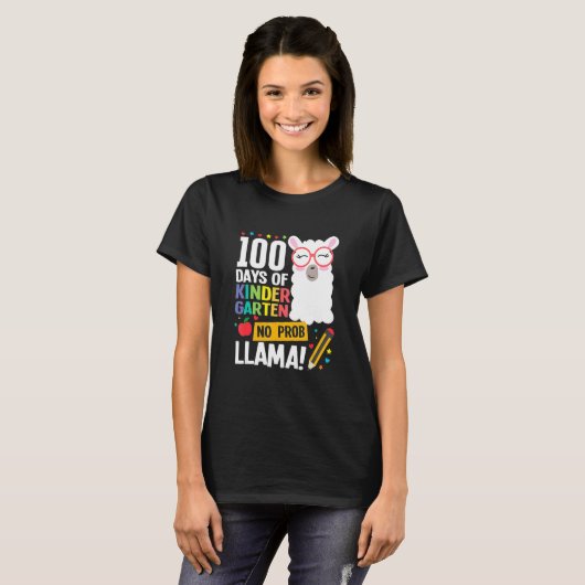 Retro 100 Days Of School Kindergarten Llama Girl B Tシャツ (正面フル)