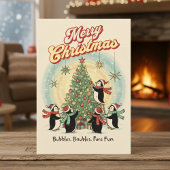 Retro 1950 Christmas Card with Penguins & Tree シーズンカード
