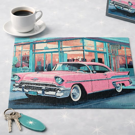 Retro 1950s Pink Car Mid‑Century Diner ジグソーパズル