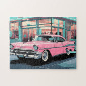 Retro 1950s Pink Car Mid‑Century Diner ジグソーパズル (横)