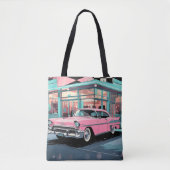 Retro 1950s Pink Car Mid‑Century Diner トートバッグ (正面)