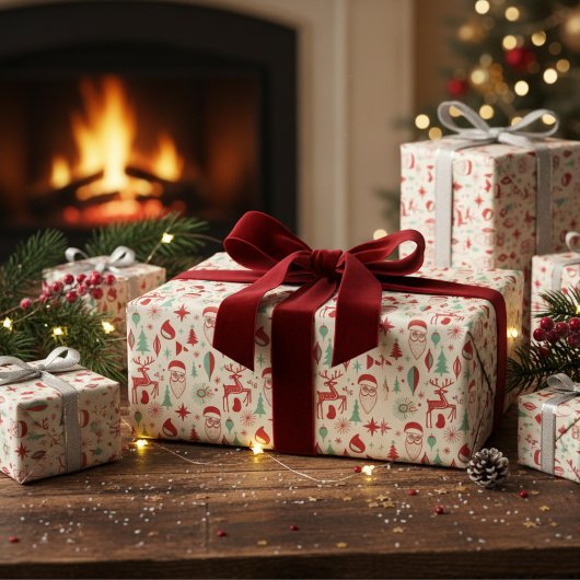 Retro 1950s Santa & Reindeer Mid-Century Christmas ラッピングペーパー