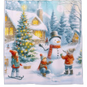 Retro 1950's Snowman Christmas  シャワーカーテン (正面)