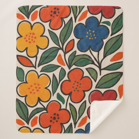 Retro 1960s Style Floral Pattern シェルパブランケット (正面)