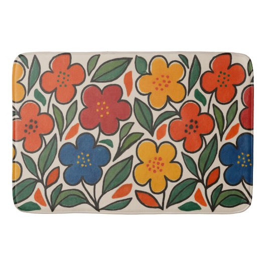 Retro 1960s Style Floral Pattern バスマット (正面)