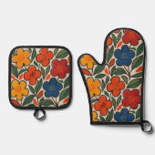 Retro 1960s Style Floral Pattern 鍋つかみ&鍋敷きセット (正面)