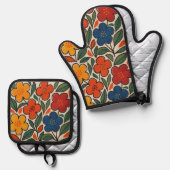 Retro 1960s Style Floral Pattern 鍋つかみ&鍋敷きセット (正面/裏面)