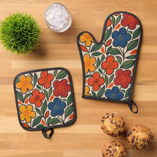 Retro 1960s Style Floral Pattern 鍋つかみ&鍋敷きセット (トップダウン)