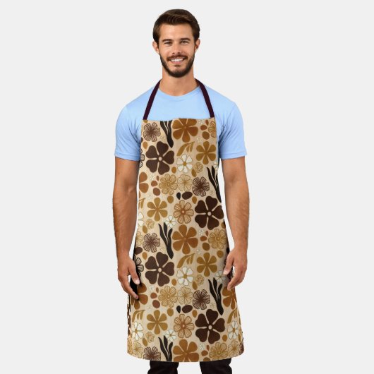 Retro 1970s Floral Graphic エプロン (着用した状態)