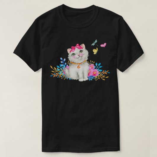Retro 1990s Tacky Cat Kitten and Butterflies Tシャツ (デザイン正面)