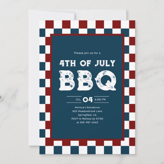 Retro 4th of July BBQ Party Checkered  招待状 (正面)