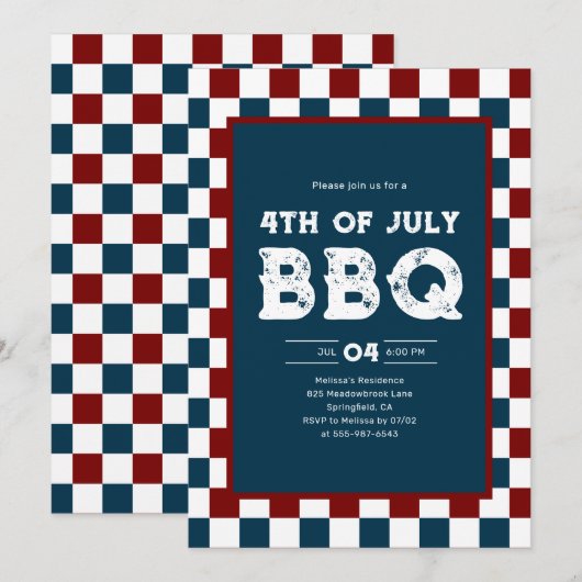 Retro 4th of July BBQ Party Checkered  招待状 (正面/裏面)