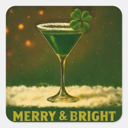 Retro 50s 4 Leaf Clover Irish Christmas Martini スクエアシール (正面)
