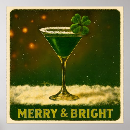 Retro 50s 4 Leaf Clover Irish Christmas Martini ポスター (正面)