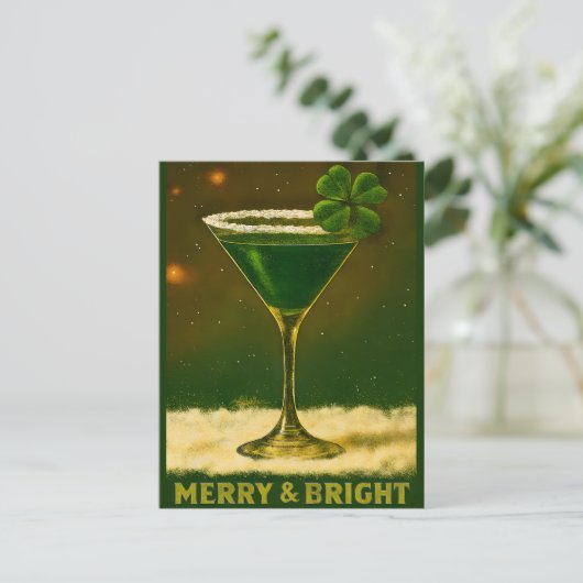 Retro 50s 4 Leaf Clover Irish Christmas Martini ポストカード (スタンド正面)