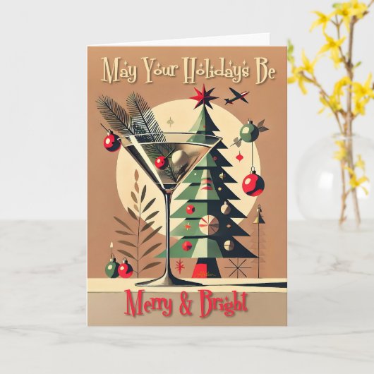 Retro 50s Jet Set Christmas Tree Martini カード (黄色い花)