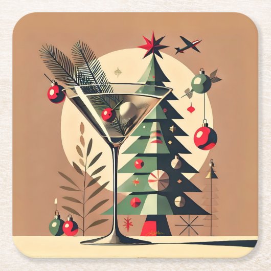 Retro 50s Jet Set Christmas Tree Martini スクエアペーパーコースター (正面)
