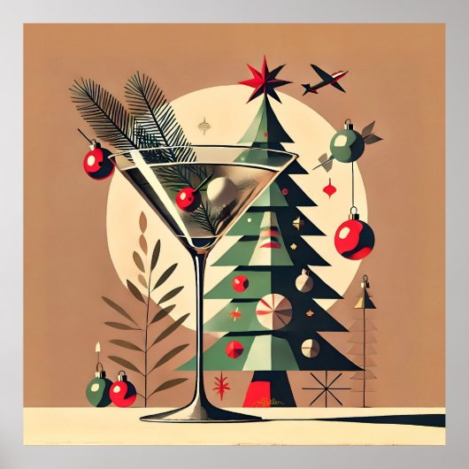 Retro 50s Jet Set Christmas Tree Martini ポスター (正面)