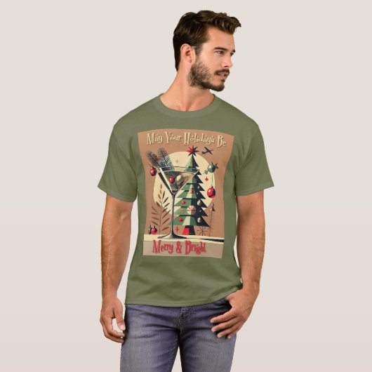 Retro 50s Jet Set Christmas Tree Martini Tシャツ (正面フル)