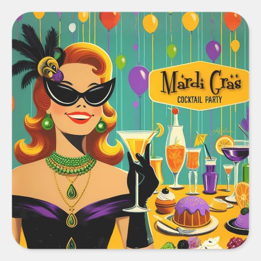 Retro 50s Mardi Gras Cocktail Party スクエアシール (正面)