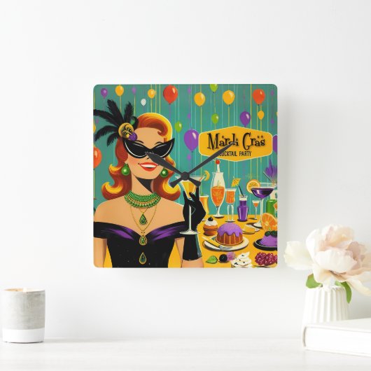 Retro 50s Mardi Gras Cocktail Party スクエア壁時計 (ホーム)