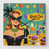Retro 50s Mardi Gras Cocktail Party スクエア壁時計 (正面)