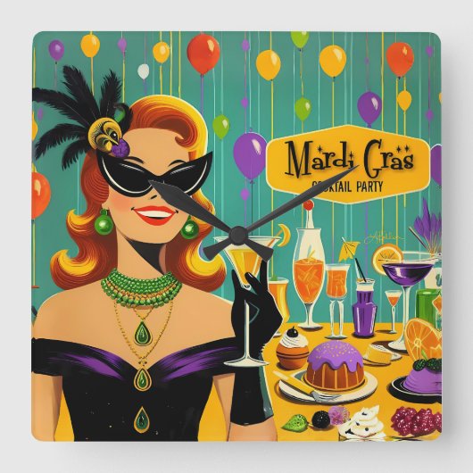 Retro 50s Mardi Gras Cocktail Party スクエア壁時計 (正面)